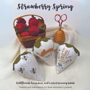 The Strawberry Spring Embroidery Pattern Cover image displaying a completed set of embordered strawberries from the Posy Collection