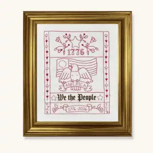 A completed and framed USA 250th Anniversary Sampler by the Posy Collection.