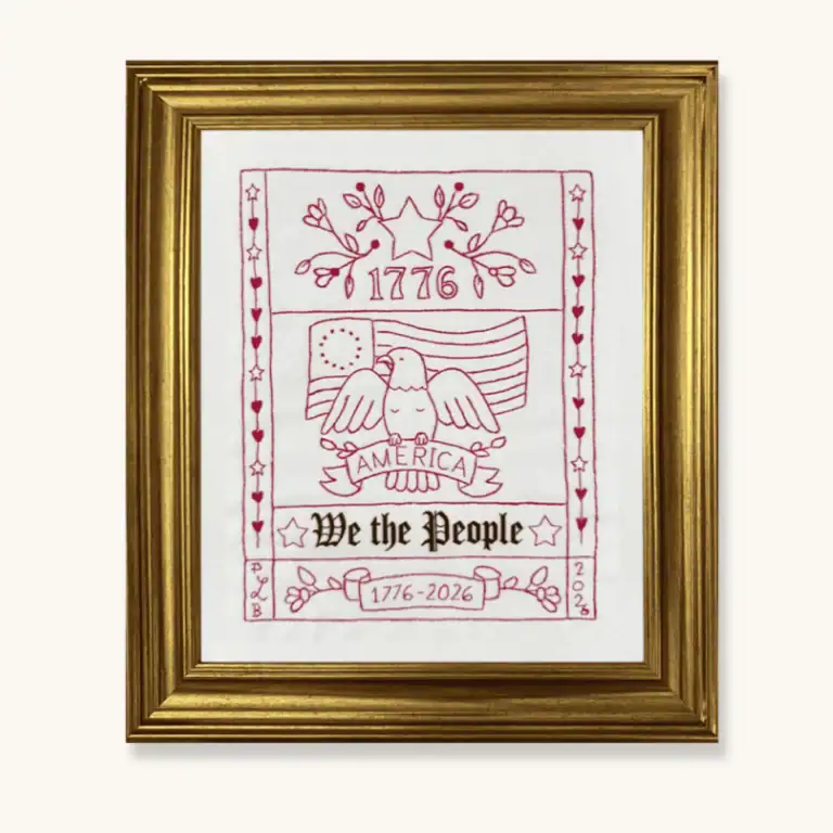 A completed and framed USA 250th Anniversary Sampler by the Posy Collection.