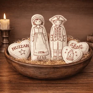 A completed Redwork Kit by the Posy Collection featuring 1776 Patriot Dolls and three stuffed hearts with redwork threading on them