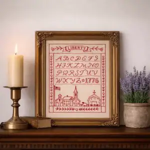 A completed Redwork Sampler by the Posy Collection with the word Liberty and alphabet letter sampler in redwork.