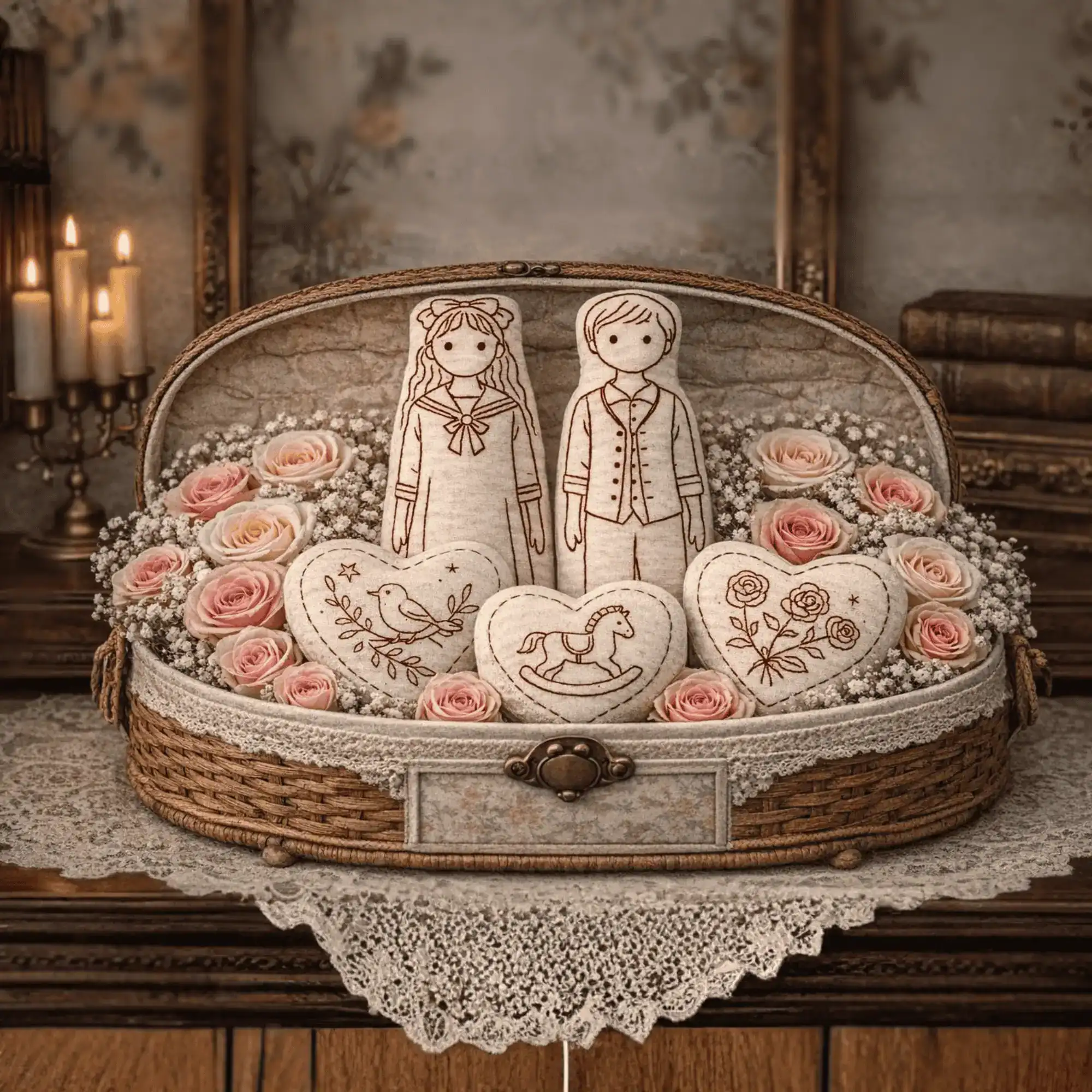 A completed Redwork Kit by the Posy Collection featuring two Vintage Victorian stuffed dolls and three stuffed hearts with redwork threading on them