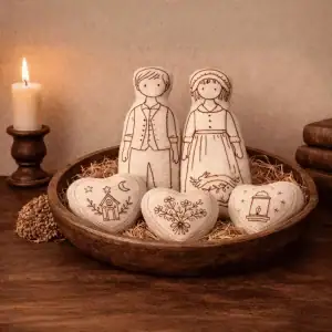 A completed Redwork Kit by the Posy Collection featuring two Colonial Homestead stuffed dolls and three stuffed hearts with redwork threading on them