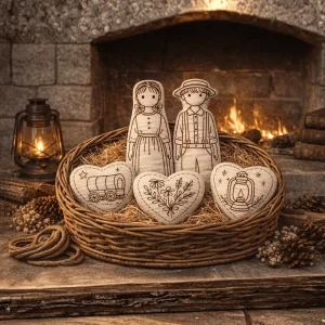 A completed Redwork Kit by the Posy Collection featuring Prairie Pioneer dolls and three stuffed hearts with redwork threading on them