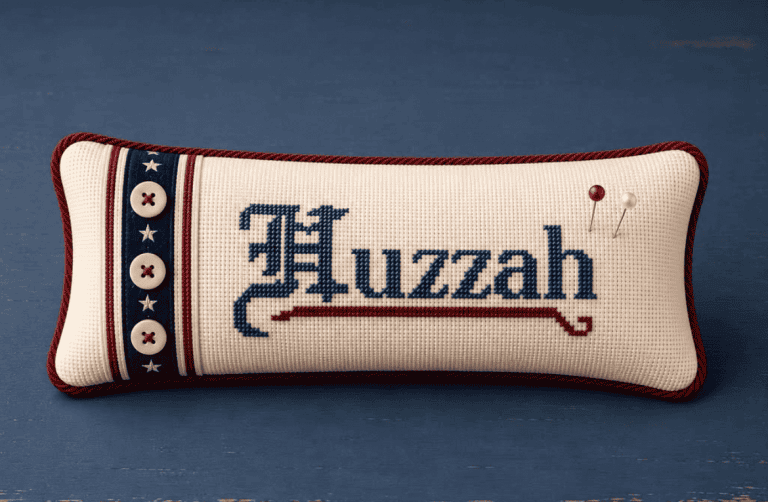 A needlework pin cushion with the word "Huzzah" across the front of.