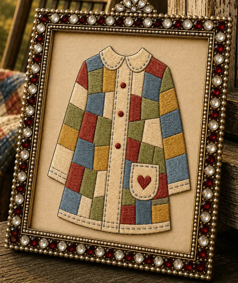 A stitched example of the little patchwork coat pattern by the Posy Collection