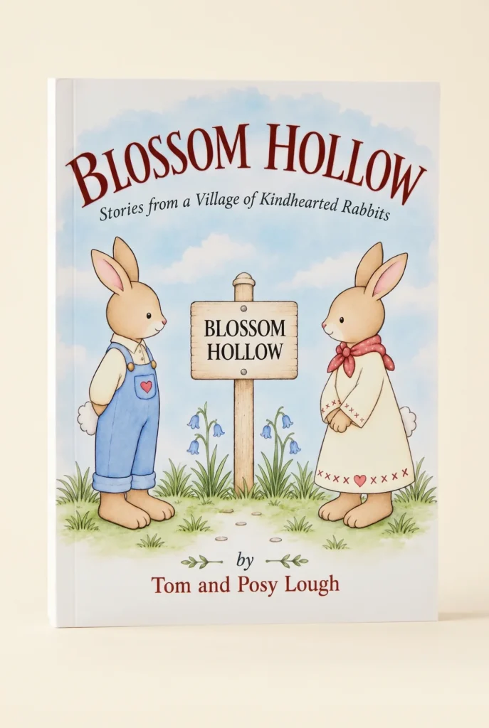 The book cover for Blossom Hollow by Tom and Posy Lough with the Image of two rabbits facing each other near a sign that reads Blossom Hollow.