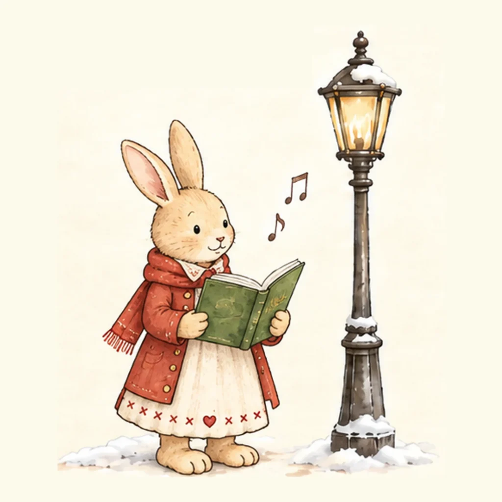 Winter bunny reading a green book beside a lamppost in the snow.