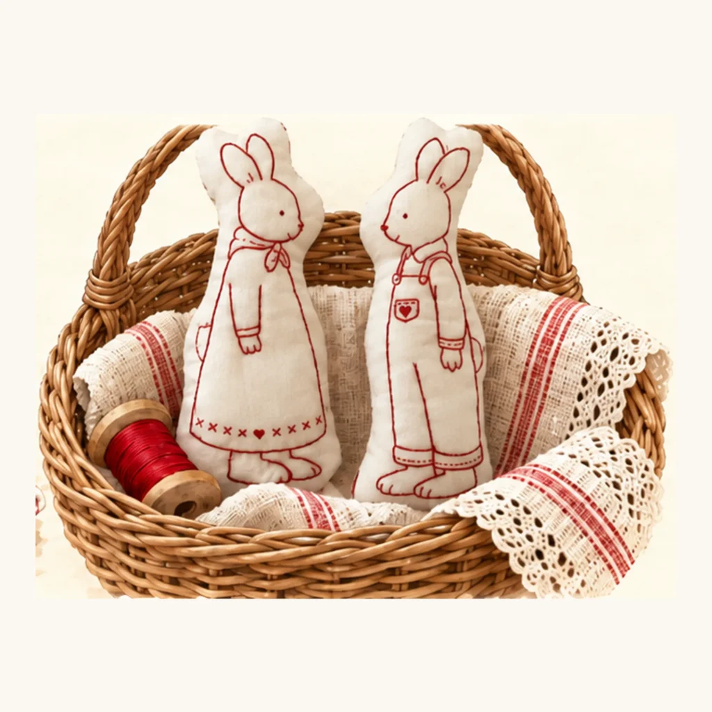 Handmade linen bunny dolls in a wicker basket.