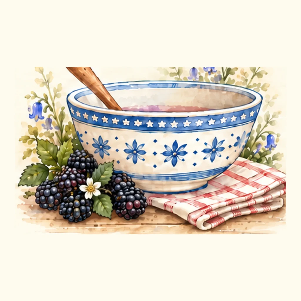 Decorative blue and white ceramic bowl with berries and wooden spoon.